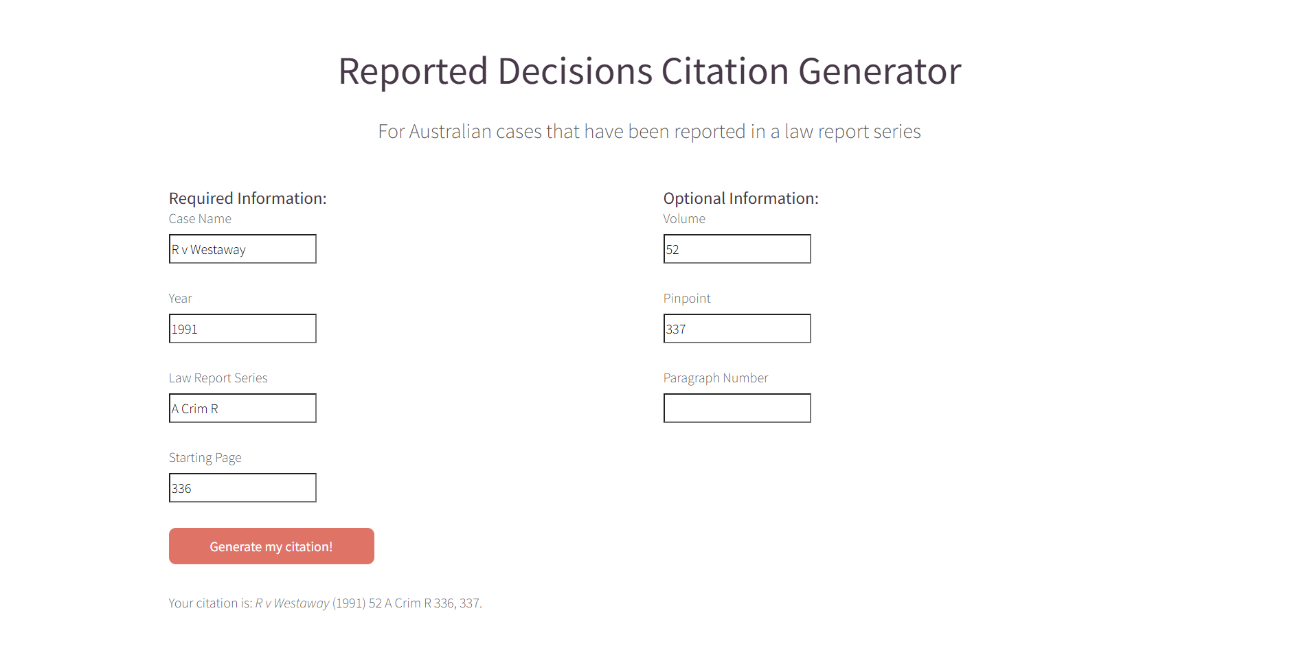 A sample citation for a reported decision, with optional information being used (volume and pinpoint)